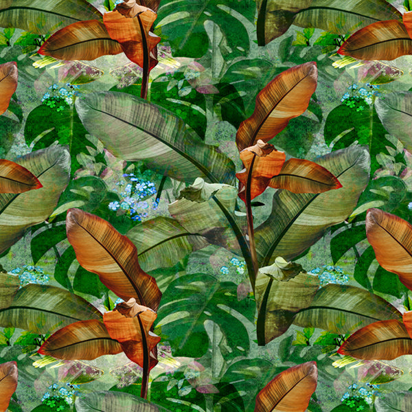 tropical leaves wallpaper design featuring large tropical leaves and small blue flowers in background