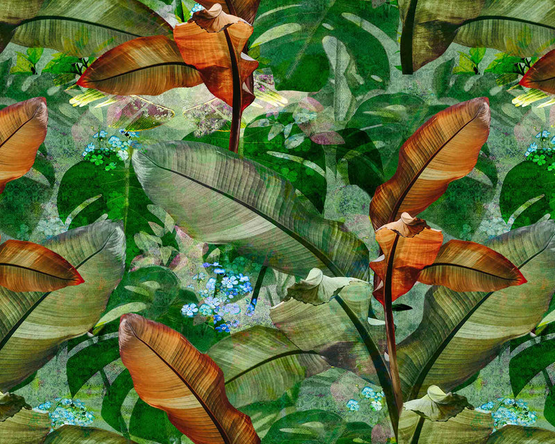 A close-up of Artistic depiction of tropical leaves and flowers in a dense jungle setting. Wallpaper design by ATADesigns.