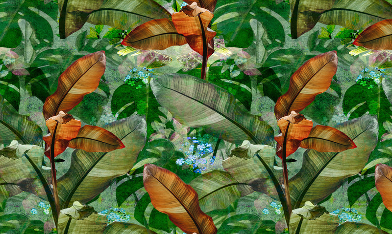 Tropical Leaves wallpaper by ATADesigns. Featuring large tropical green and brown leaves in repeat on tropical background with small blue flowers.