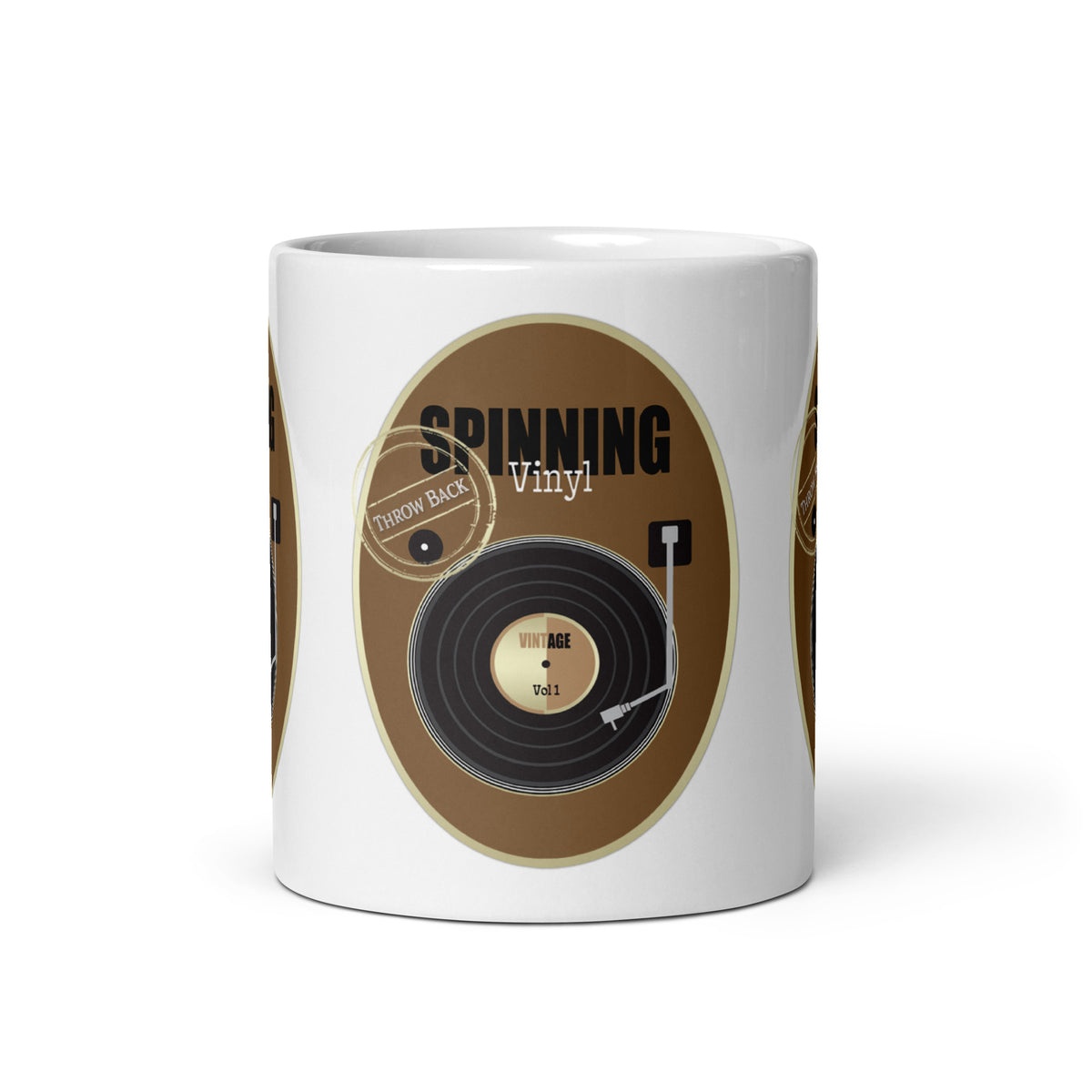 Front view of the Vinyl Retro mug, showing a black record, tone arm and “Spinning Vinyl” lettering on a brown background.