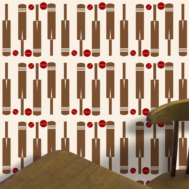 Cricket Bat and Ball Wallpaper (cream) by ATADesigns