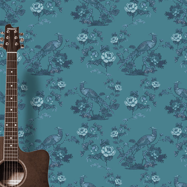 Bird in Floral Wallpaper (slate-blue-grey)