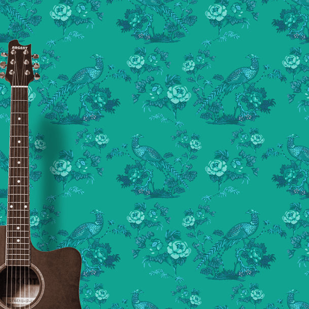 Bird in Floral Wallpaper (teal-green)