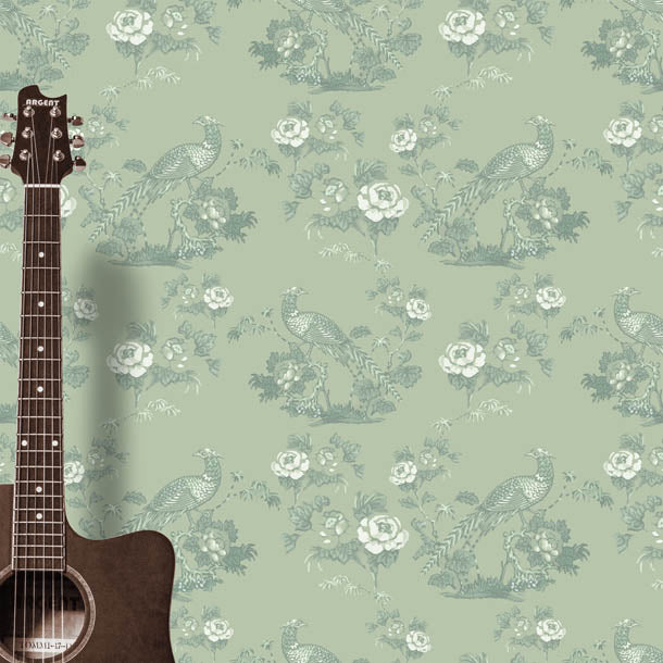 Bird in Floral Wallpaper (warm-green-grey)