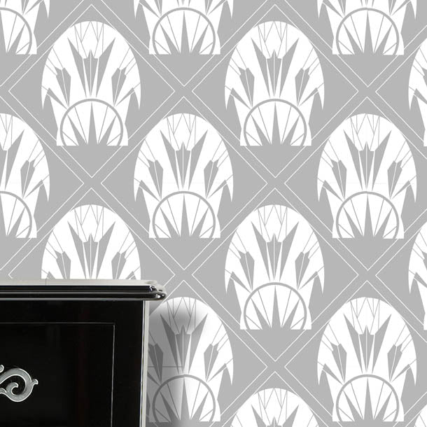 Fan Affair Art Deco Wallpaper (white-on-light-grey) by ATADesigns
