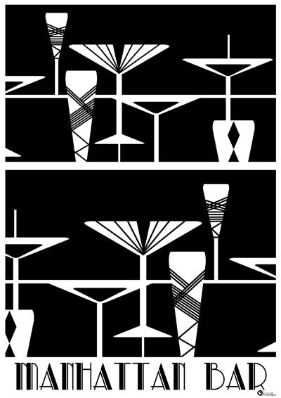 Manhattan Bar Art Deco Art Print (white-on-black)